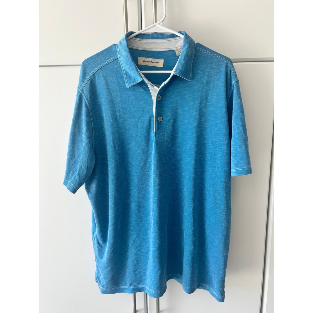 Tommy Bahama Mens XL Teal Blue‎ Slub Knit Short Sleeve Polo Shirt Modal Blend